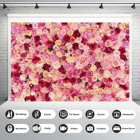 7x5ft Flower Backdrop Pink Red Rose Flowers Floral Wall Photography Background Birthday Baby Shower Wedding Party Banner Anniversary Decorations Children Adults Portrait Video Studio Prop