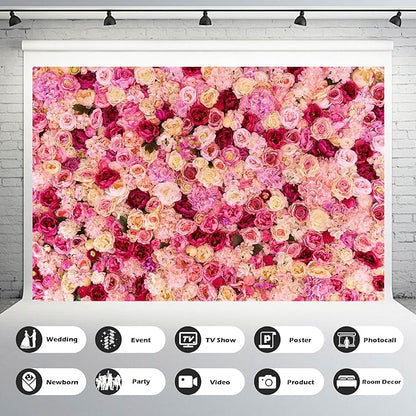 Flower Backdrop Pink Red Rose Flowers Floral Wall Photography Background Birthday Baby Shower Wedding Party Banner Anniversary Decorations Children Adults Portrait Video Studio Prop 10x6.5ft
