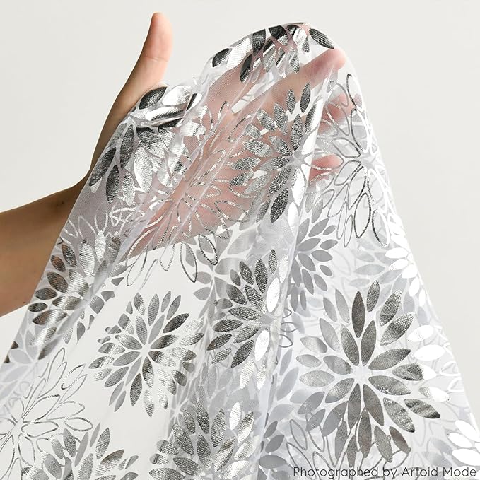 Artoid Mode White Silver Dahlia Flower Gauze Table Runner 120 Inch 10FT, Glitter Metallic Foil Seasonal Sheer Dining Holiday Table Decor for Home Party