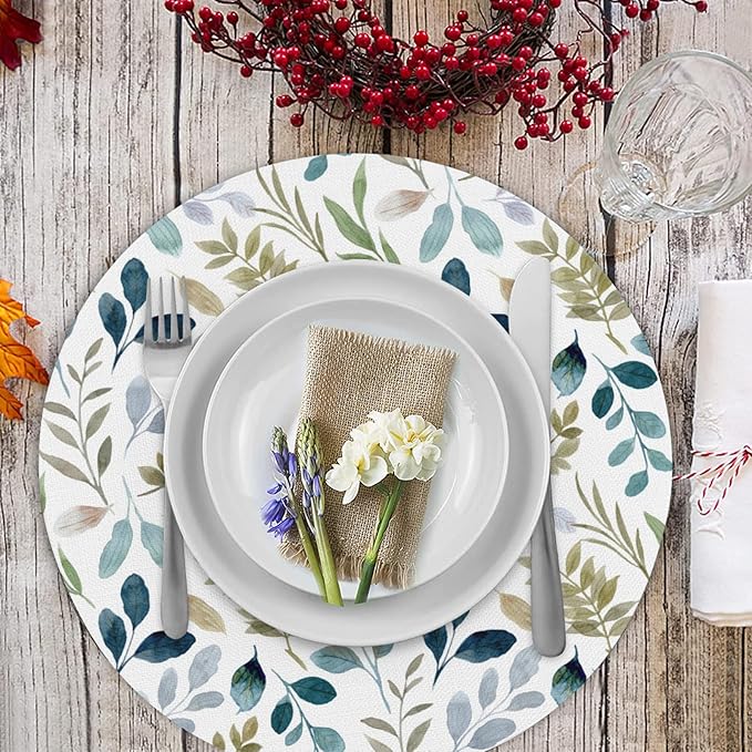 Flower Round Placemat Set of 4 Elegant Linen Table Mats for Dining, Heat Resistant, Stain Resistant Perfect for Dinner Parties, Restaurants, and Everyday Use