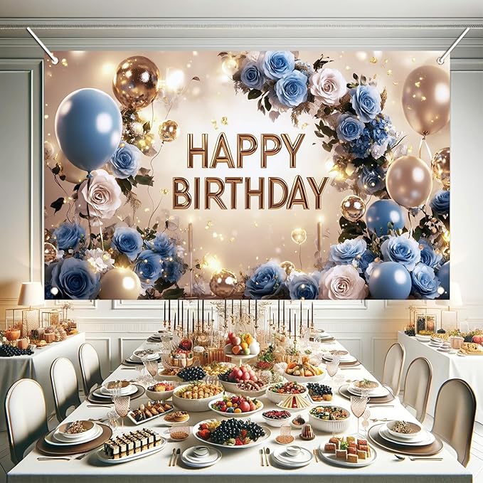 Blue and Gold Happy Birthday Backdrop Banner Elegant Floral Balloon Photography Background Birthday Party Decorations Glittering Rose Blue Gold Balloons Banner Supplies 71x43 Inch