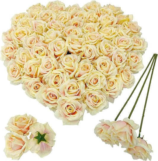 Artificial Satin Rose Flower Heads,48 Pcs Silk Rose Heads with Stems,3.3'' Rose Artificial Flowers Bulk,Artificial Rose Flower Heads for DIY Crafts Bouquet (48, Champagne)