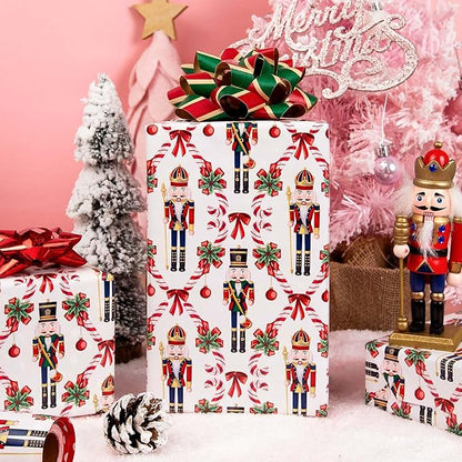 MAYPLUSS Christmas Nutcracker Wrapping Paper - 17 Inch X 33 Feet - Metallic Gift Wrapping Paper featuring Christmas Tree Holly Cute Bow Candy Cane Reversible Polka Dot for Holiday Party New Year Kids