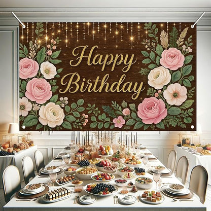 Rustic Wood Floral Birthday Backdrop Banner Pink Flower Wooden Happy Birthday Photography Background Women Girls Wedding Baby Shower Decor Party Decorations Photo Studio Props 6x4ft