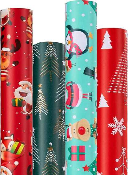 Christmas Wrapping Paper (4 Rolls, 148 sq. ft. ttl): Funny Snowmen, Snowflakes, Reindeer, Bear, Christmas Trees and Santa Claus with Gifts Design for Holiday Gift Wrap- 30 Inches x 14.8 Feet Per Roll