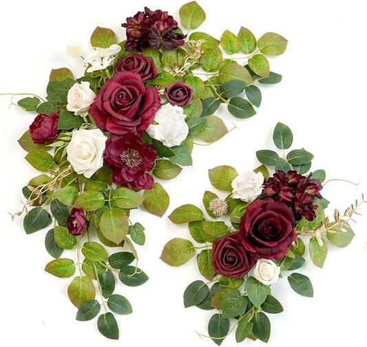 Wedding Decor (Pack of 2) Welcome Sign Flower Backdrop Garland for Ceremony Reception Wall Easel Home Decoration Entryway Faux Outdoor Board Head Table Decor (Burgundy & White)