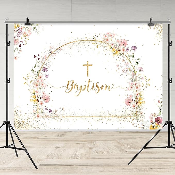 Baptism Backdrop God Bless Floral Golden Dots First Holy Communion Christening Photography Background Baptism Party Decoration Supplies Baby Shower Banner Photo Booth Studio Props 7x5ft
