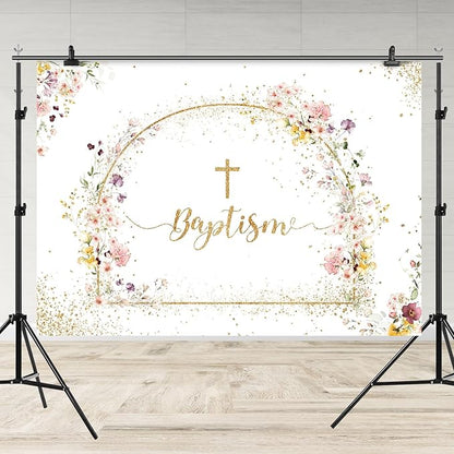 Baptism Backdrop God Bless Floral Golden Dots First Holy Communion Christening Photography Background Baptism Party Decoration Supplies Baby Shower Banner Photo Booth Studio Props 7x5ft