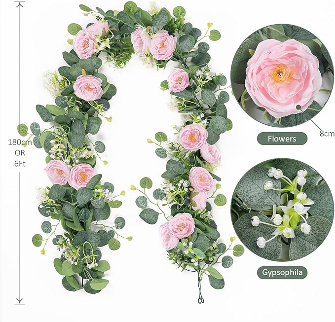 TOCHGREEN 2 Pack 13Ft Artificial Eucalyptus Flower Garland with Pink Roses, Fake Rose Flower Greenery Garland Floral Vines for Wedding Home Party Table Runner Decor (4PCS, Pink)