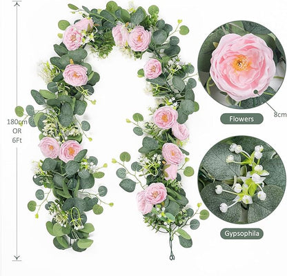 TOCHGREEN 2 Pack 13Ft Artificial Eucalyptus Flower Garland with Pink Camellia, Fake Flower Greenery Garland Floral Vines for Wedding Home Party Room Table Runner Decor (2PCS, Pink)