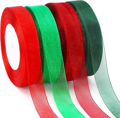 DECYOOL 4 Rolls 200 Yards Christmas Ribbons for Gift Wrapping, 4/5" Wide Christmas Organza Ribbon Xmas Holiday Chiffon Ribbons for Wreaths Festival Decoration (Red, Green, Wine Red, Dark Green)