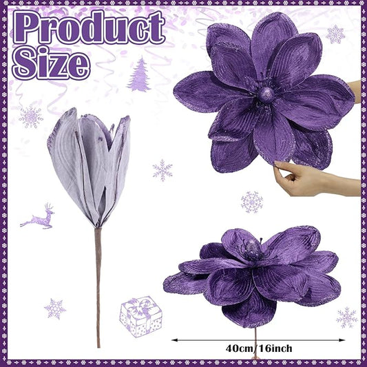 8 Pcs Large Christmas Flower Magnolia Flowers Christmas Tree Decoration Artificial Poinsettia Stems Velvet Xmas Ornaments for Xmas Tree Table Decor(Purple,16 Inch)