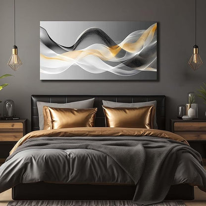 JuhaiArt Abstract Wall Art White Wall Decor for Living Room Office Large Black Canvas Art Picture Gold Artwork 29" x 59" Modern Prints