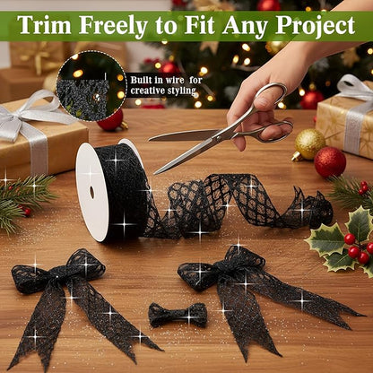 Geosar 20 Yards Black Mesh Glitter Wired Ribbon for Christmas Tree Decorations, Gift Wrapping, DIY Craft, Xmas Wreaths, Cabinet Decor (2.5 Inch)