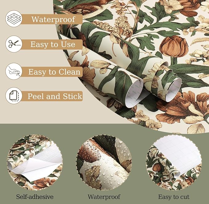 Erfoni 17.3" x118" Floral Birds Wallpaper Vintage Floral Peel and Stick Wallpaper Decoration DIY Self Adhesive Contact Paper Removable Wall Paper for Bedroom Cabinets Covering Boho Flower Leaf Beige