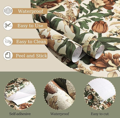 Erfoni 17.3" x118" Floral Birds Wallpaper Vintage Floral Peel and Stick Wallpaper Decoration DIY Self Adhesive Contact Paper Removable Wall Paper for Bedroom Cabinets Covering Boho Flower Leaf Beige