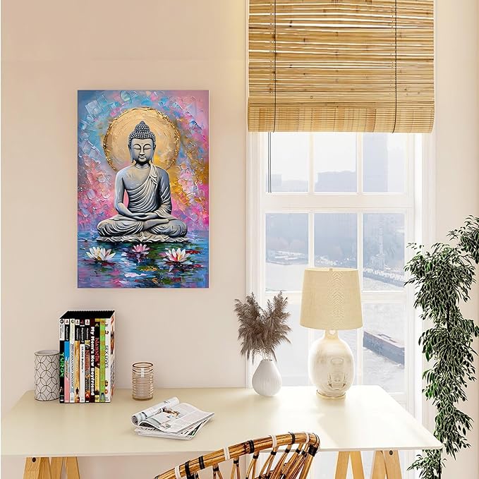 Lotus and golden Buddha meditation tranquil zen wall art mindfulness wall art for spiritual harmony and tranquility decor 16x24in Frameless