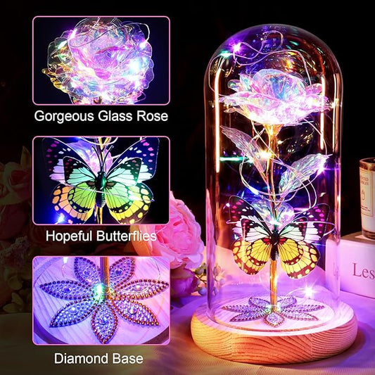 Beferr Christmas Rose Gifts for Women Mom Birthday Gifts, Galaxy Glass Rose Forever Preserved Flowers for Delivery Prime Light Up Rose in Glass Dome with Butterfly Xmas Gifts for Grandma Her Wife