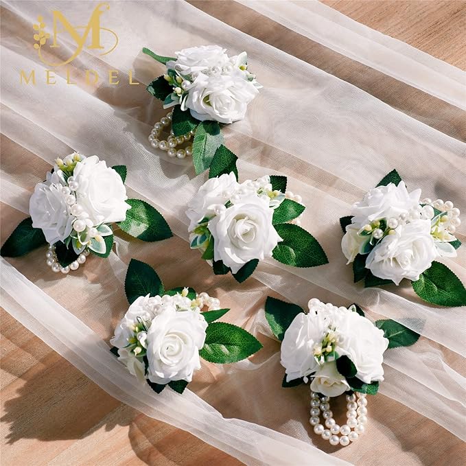 Meldel White Corsage and Boutonniere Set,Set of 2,Rose Wrist Corsage Wristlet Bracelet for Bride Bridesmaid Girls,Boutonniere for Men,Groomsmen and Groom Boutonniere for Wedding,Prom,Homecoming,Party