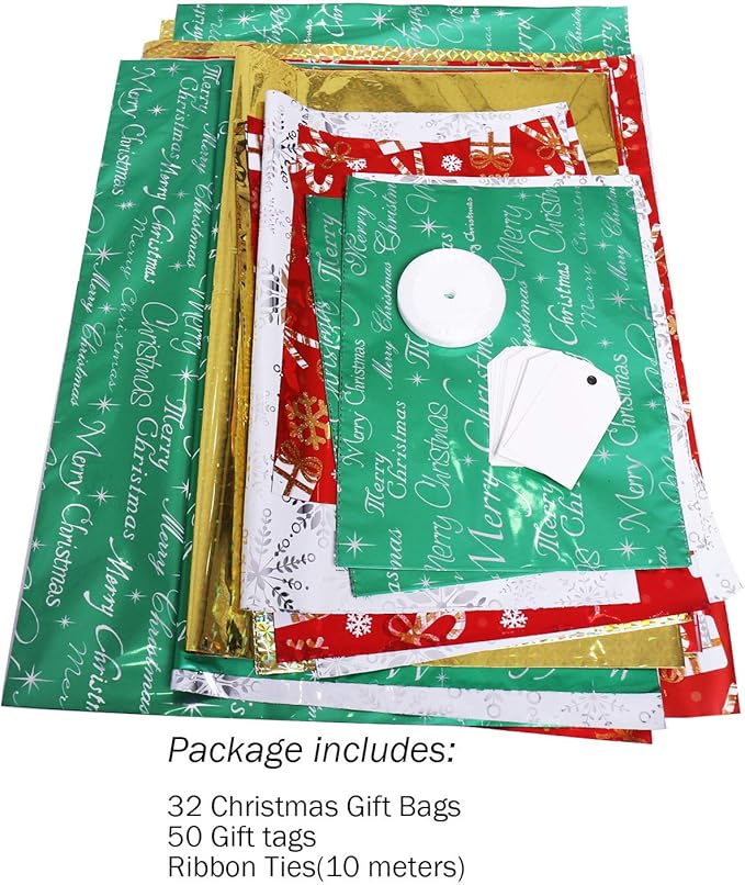 WesGen Christmas Gift Bags, 32Pcs Santa Wrapping Bag in 4 Sizes and 4 Designs with Ribbon Ties and Tags for Wrapping Holiday