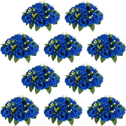 NUPTIO Flower Ball Arrangement Bouquet - 10 Pcs 9.5 inch Diameter Royal Blue Fake Flowers Roses Balls for Centerpieces Tables - Artificial Rose Arrangements for Wedding Centerpiece Table Decorations