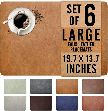 UnivoColors Washed Cowhide Pattern Faux Leather Big Size Placemats Set of 6, Waterproof Easy to Clean Anti-Slip PU Table Mats for Party Decoration19.7″×13.6″,Camel Retro Cowhide Pattern