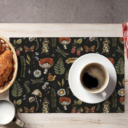 Mushroom Placemats Set of 6,Vintage Gothic Mushroom Fern Kitchen Place Mats Linen 12x18 Inch,Black 6 PCS, Style-5