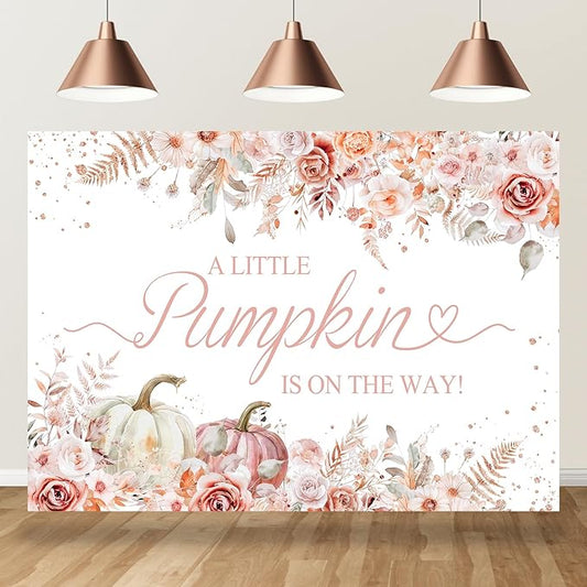 7x5ft Pumpkin Baby Shower Backdrop for Girls Pink Floral Leaves Photography Background Newborn Baby Shower Party Decorations Little Pumpkin Backdrops Banner Supplies Studio Photo Booth Props