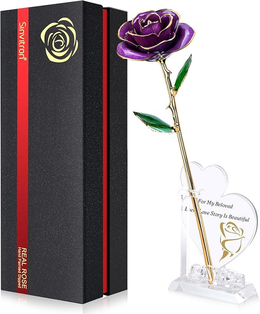 Sinvitron Gold Dipped Infinity Rose Forever Flower Decor, Resin Preserved Real Rose Birthday Gift for Women, Anniversary Present for Mom (Purple)