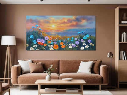 Ardemy Landscape Wall Art for Living Room Extra Large Wildflower Pictures Wall Decor Coastal Sunset Floral Canvas Textured Bedroom Flower Paintings Artwork Home Office, 48"x24"