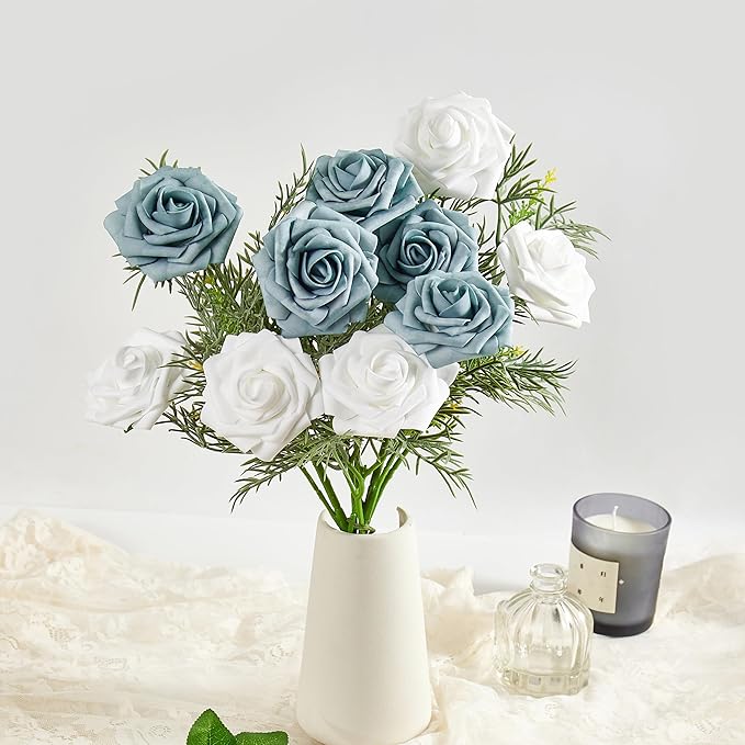 Artificial Flowers, 25pcs Dusty Blue and White Artificial Rose for DIY Wedding Bouquets Centerpieces Arrangements, Fake Flower with Stems for Party Home Decorations
