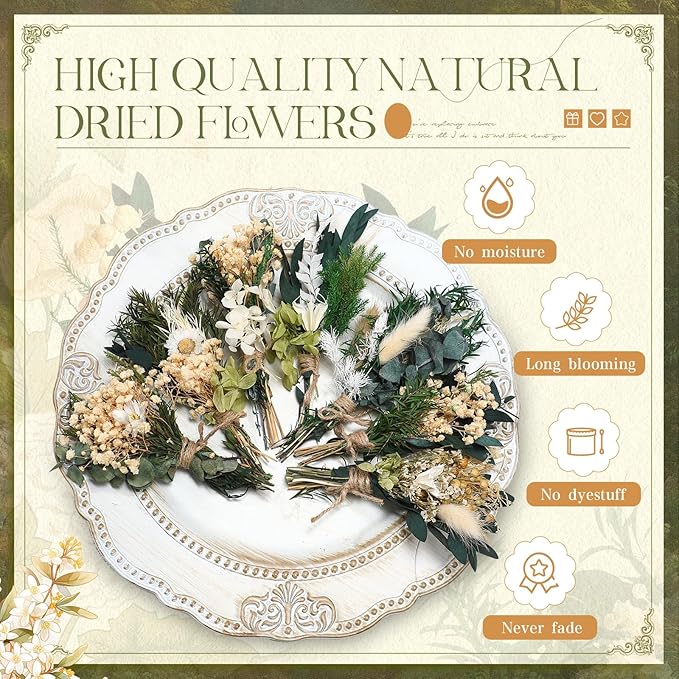 Layhit 24 Pcs Boho Dried Flower Bouquet Mini Wedding Handmade Dry Flowers Decor for Vase Crafts DIY Photo Boutonniere for Men Floral Plant for Bridesmaid Gift Birthday Decor(Greenery)