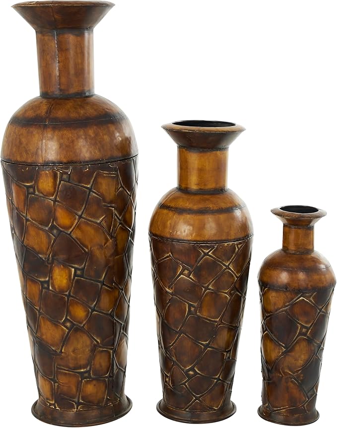 Deco 79 Metal Decorative Vase Indoor Outdoor Tall Floor Bottleneck Centerpiece Vases with Tortoise Shell Pattern, Set of 3 Flower Vases for Home Decoration 50", 35", 26"H, Brown