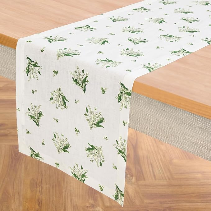 Solino Home Lily Floral Print Table Runner 36 inch - 100% Pure Linen Table Runner 14 x 36 Inch - Machine Washable - Lily of The Valley/White Print