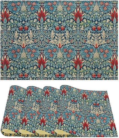 Vintage Flower Placemats William Morris Rural Farmhouse Flowers Art Printed Dining Table Mats Set of 4 for Home Kitchen Holiday Picnic Party Decor 12x18in