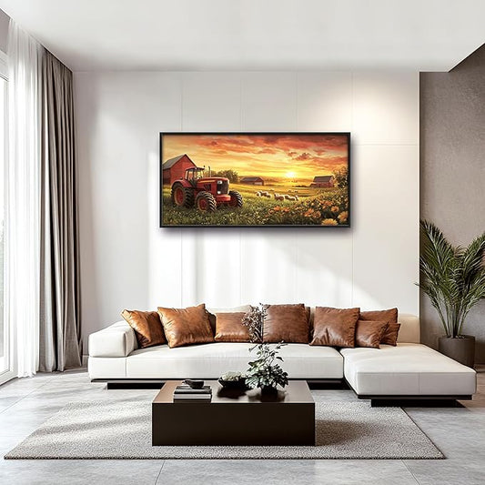 Farmhouse Sunset Large Wall Art Framed Wall Decor for Living Room Rustic Barn Tractor Pictures Oversized Canvas Print Painting Modern Extra Large Framed Artwork for Bedroom Office 60"x30"