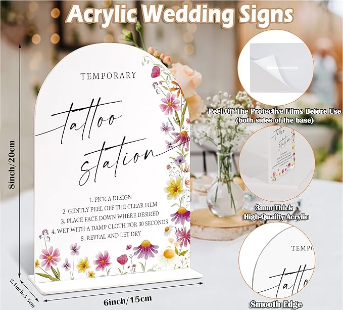 Temporary Tattoo Station Sign for Wedding Table Decor, Wild Flower Arch Acrylic Wedding Signs for Reception, Floral Bridal Shower Engagement Party Decorations for Love Is In Bloom