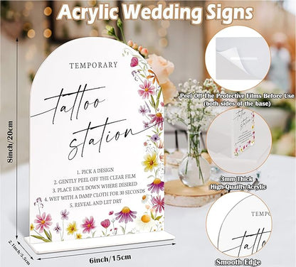 Temporary Tattoo Station Sign for Wedding Table Decor, Wild Flower Arch Acrylic Wedding Signs for Reception, Floral Bridal Shower Engagement Party Decorations for Love Is In Bloom