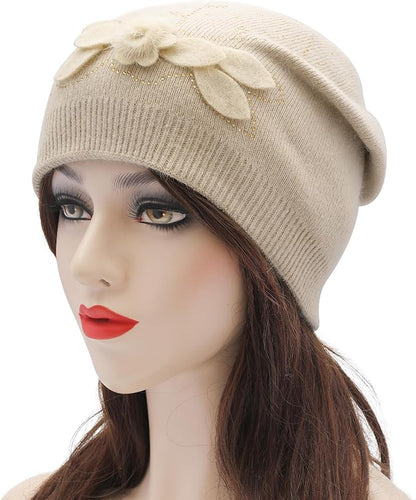 ZLYC Women Floral Slouchy Beanie Hat Double Layer Winter Knit Skull Cap