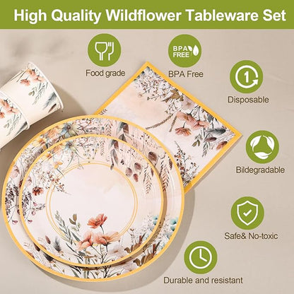 Spring Wildflower Party Decorations,Wildflower Birthday Decorations,Floral Paper Plates and Napkins Sets- Plates,Cups,Napkins,Cutlery for Baby Shower Birthday Bridal Shower Decorations,Serves 24