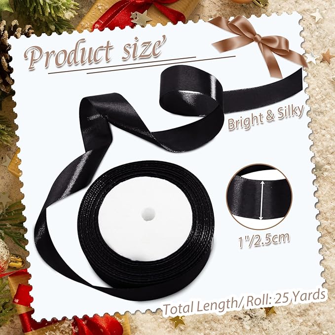 Luomorgo 1 Inch Black Satin Ribbon, 25 Yards Solid Color Ribbon, Fabric Ribbon for Gift Wrapping, Flower Bouquet, DIY Craft, Sewing, Wedding, Birthday Party Decorations