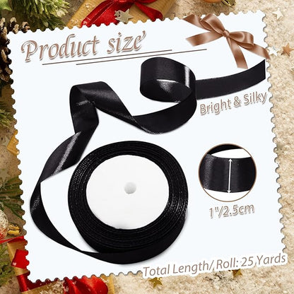 Luomorgo 1 Inch Black Satin Ribbon, 25 Yards Solid Color Ribbon, Fabric Ribbon for Gift Wrapping, Flower Bouquet, DIY Craft, Sewing, Wedding, Birthday Party Decorations