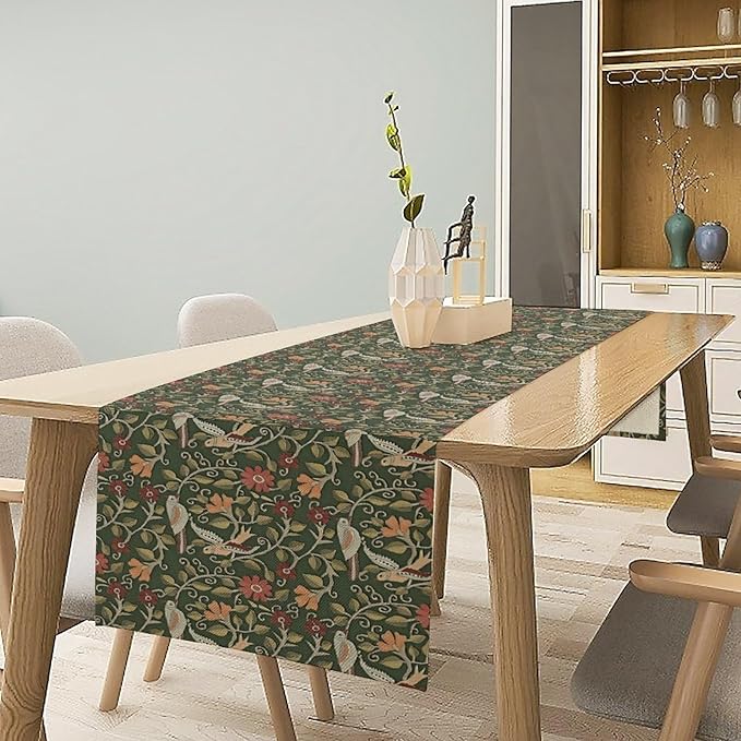 William Morris Table Runner, Vintage Boho Green Botanical Flowers Birds Tabletop Decoration for Kitchen Dining Indoor Outdoor Home Holiday Party, 13x90 Inch