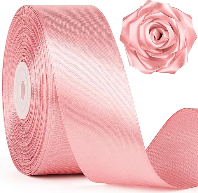 1-1/2 Inch Wide Rose Gold Satin Ribbon, 50 Yards Solid Polyester Fabric Ribbon for Roses Making, Gift Wrapping, Christmas, Wedding Decorations, Crafts, Bows