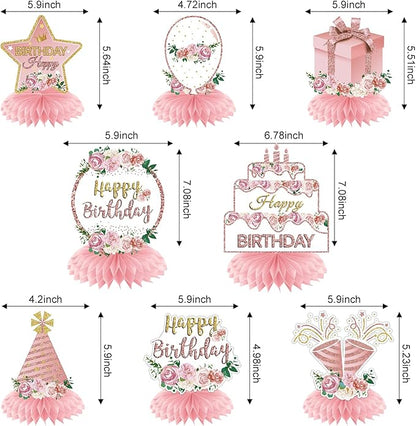Pink Rose Gold Birthday Decorations Floral Honeycomb Centerpieces for Women Girls, 8pcs Floral Birthday Table Centerpiece Party Supplies, 16th 18th 21th 30th 40th 50th 60th Bday Table Topper