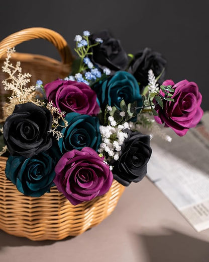 uHouse 10pcs Fake Roses Artificial Silk Flowers Faux Rose Flower Long Stems Bouquet for Arrangement Wedding Centerpiece Party Home Kitchen Decor(Plum)