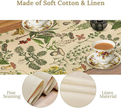 Vintage Botanical Table Runner, Antique 1900s Plants Herbs Mushroom Boho Retro Wildflower Ferns Print Table Runner for Farmhouse Kitchen Indoor Outdoor Decoration, 13x60inch