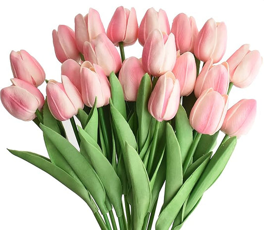 20pcs Artificial Tulips Flowers Fake Faux PU Tulip Bouquet Real Touch Flower Arrangement for Home Room Office Party Wedding Decoration Excellent Gift Idea for Mothers Day (Light Pink 20)