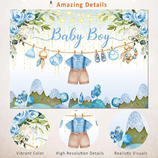 Blue Floral Baby Shower Backdrop Banner Decorations for Boy,Watercolor Flower Oh Baby Boy Outfit Backdrops Banner Photography Background for Baby Shower Party Supplies Photo Booth Props 7x5ft