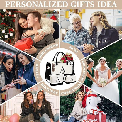 YOOLIFE Christmas Gifts for Women - Initial Canvas Tote Bag & Makeup Bag, Birthday Gifts for Women Mom Sister Friends